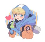  1girl :3 animification apex_legends blonde_hair blue_bodysuit blue_eyes blue_gloves blue_headwear blush bodysuit eyebrows_visible_through_hair from_side gloves heart highres holding holding_stuffed_toy hood hooded_jacket jacket nessie_(respawn) nojima_minami open_mouth orange_jacket ribbed_bodysuit scar scar_on_cheek scar_on_face solo stuffed_toy upper_body wattson_(apex_legends) 