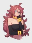  1girl android_21 blue_eyes bracelet breasts cleavage closed_mouth dragon_ball dragon_ball_fighterz earrings glasses grey_background hair_between_eyes hoop_earrings jewelry kemachiku long_hair looking_at_viewer majin_android_21 medium_breasts red_hair simple_background solo strapless tube_top upper_body 