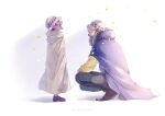  2boys black_hair cape crying facial_hair fur_cape hat hat_over_eyes highres kanoya_akr male_focus multiple_boys one_piece petals simple_background smile squatting time_paradox trafalgar_law younger 