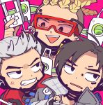  3boys absurdres anger_vein annoyed apex_legends blonde_hair brown_eyes cornrows crypto_(apex_legends) devil&#039;s_advocate_crypto drone grey_hair hack_(apex_legends) highres holding hype_beast_crypto jacket looking_up male_focus multiple_boys multiple_persona nojima_minami pink_background red_jacket smile sunglasses sweatdrop tied_hair white_jacket 