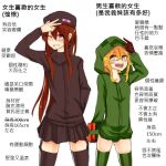  2girls ander_(at2.) at2. black_gloves black_legwear black_skirt blush brown_eyes brown_hair chinese_text creeparka creeper cupa_(at2.) dynamite enderman eyebrows_visible_through_hair gloves green_hoodie green_legwear grin hood hoodie long_hair long_sleeves looking_at_viewer medium_hair minecraft multiple_girls one_eye_closed open_mouth parted_lips personification pleated_skirt purple_eyes skirt smile teeth thighhighs translation_request v 