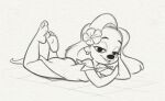  2021 4_toes accessory anthro canid canine canis disney domestic_dog feet female flower flower_in_hair goof_troop hair hair_accessory half-closed_eyes hotbrotkuroi humanoid_feet lying mammal markings mole_(marking) narrowed_eyes on_front plant roxanne_(goof_troop) sketch solo toes 