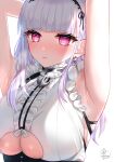  1girl :s absurdres anchor armpits arms_behind_head arms_up azur_lane bangs black_hairband blunt_bangs blush breasts center_frills closed_mouth clothing_cutout commentary_request dido_(azur_lane) earrings eyebrows_visible_through_hair frilled_shirt frills hairband highres jewelry kohanayuki large_breasts long_hair pink_eyes shirt signature silver_hair simple_background skindentation sleeveless sleeveless_shirt solo underboob underboob_cutout upper_body white_background white_shirt 