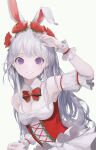  1girl absurdres animal_ears bangs blush breasts christmas cleavage detached_collar dress flower frills hair_flower hair_ornament highres long_hair mile_(mil2) open_mouth original pale_skin purple_eyes rabbit_ears ribbon simple_background small_breasts smile solo upper_body white_hair 