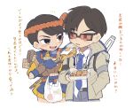  1boy 1girl apex_legends black_gloves blue_gloves blush box brown_hair brown_jacket collared_shirt crypto_(apex_legends) fingerless_gloves food fried_egg gloves grey_pants hair_behind_ear hand_in_pocket headband highres holding holding_box inconspicuous_crypto jacket nojima_minami official_alternate_costume omatsuri_fury_valkyrie pants shirt sunglasses takoyaki valkyrie_(apex_legends) 