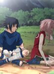  1boy 1girl absurdres bandaged_leg bandages bike_shorts black_hair black_shorts blue_footwear blue_shirt blurry blurry_background closed_mouth day detached_sleeves dress haruno_sakura highres indian_style naruto naruto_(series) niku_(ni23ku) open_mouth outdoors pink_hair profile red_dress shiny shiny_hair shirt short_hair short_hair_with_long_locks shorts shorts_under_dress side_slit sitting sleeveless sleeveless_dress uchiha_sasuke wariza white_sleeves 