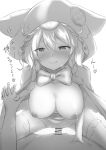  1boy 1girl :q bangs blush bow bowtie breasts cowgirl_position eyebrows_visible_through_hair girl_on_top greyscale hair_between_eyes happy_sex heart heart-shaped_pupils hetero highres holding_hands hood hood_up large_breasts licking_lips long_hair looking_at_viewer monochrome nijisanji nipples nose_blush pov pov_hands sex shirayuiii solo_focus straddling sweat symbol-shaped_pupils tongue tongue_out virtual_youtuber warabeda_meijii 