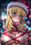  1girl agnes_claudel blonde_hair blue_eyes blush bow breasts breathing censored christmas cleavage eiyuu_densetsu hat highres kuro_no_kiseki long_hair looking_at_viewer mussyu_danachan naked_ribbon nipples paizuri penis precum precum_drip ribbon santa_hat smile 