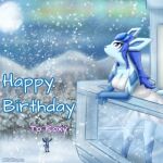  anthro aurora_borealis balcony birthday birthday_gift blubluumon blue_hair breasts butt clothed clothing dress duo eeveelution female feral glaceon hair hi_res ice jacket looking_away looking_up lucario male male/female moon nintendo pok&eacute;mon pok&eacute;mon_(species) snow standing topwear video_games 