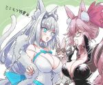  3girls :3 animal_ear_fluff animal_ears artist_name black_bodysuit blue_bow blue_eyes blue_ribbon blush bodysuit bow breasts cat_ears cat_girl cat_tail cleavage dobrynya_nikitich_(fate) dress fang fate/grand_order fate_(series) fox_ears fox_girl fox_shadow_puppet fox_tail fur_trim glasses habetrot_(fate) hair_bow hair_ribbon hairband koyanskaya_(fate) large_breasts long_hair looking_at_another multiple_girls open_mouth pink_bow pink_hair pink_ribbon ribbon side_ponytail sidelocks silver_hair skin_fang sweat tail tamamo_(fate) uhana white_dress 