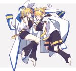  1boy 1girl barefoot blonde_hair bow coat commentary detached_sleeves hair_bow hair_ornament hairclip headphones kagamine_len kagamine_rin kaito_(vocaloid) lying on_side short_hair short_sleeves shorts sleeping sleeveless vocaloid yoshiki 