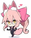  1girl animal_ears bangs black_bodysuit bodysuit bow breasts chibi cleavage closed_mouth eyebrows_visible_through_hair fate/grand_order fate_(series) fox_ears fox_girl fox_shadow_puppet fox_tail glasses hair_between_eyes hair_bow hair_ribbon heart highres koyanskaya_(fate) light_blush looking_at_viewer pink_bow pink_ribbon ribbon shadow sidelocks simple_background smile solo standing standing_on_one_leg tail tamamo_(fate) white_background yellow_eyes yoriteruru 