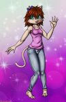  3_toes anthro bottomwear bow breasts brown_hair clothed clothing digital_media_(artwork) feet felid female hair hi_res if_hell_had_a_taste mammal marci_hetson open_mouth pants pink_clothing pink_nose pink_shirt pink_topwear shirt solo teal_eyes toes topwear viroveteruscy 