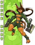  absurd_res anthro axe belt belt_buckle bottomwear canid canine ceehaz cleavage_cutout clothing doberman_(species) dog_knight_rpg dual_wielding female footwear green green_bottomwear green_clothing green_pants hair hi_res holding_object holding_weapon looking_at_viewer mammal melee_weapon muscular muscular_anthro muscular_female pants ponytail pumpkin_hair rory_(ceehaz) solo thigh_window weapon 