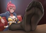  1girl absurdres arm_support bangs belt black_legwear blue_jacket breasts chinese_commentary choker cleavage closed_mouth collarbone commentary_request eiyuu_densetsu eyelashes feet feet_together feet_up foot_focus foreshortening hair_up high_collar highres indoors jacket large_breasts leaning_back looking_at_viewer no_shoes pink_hair pointing pointing_down ribbed_shirt sara_valestein sen_no_kiseki shiny shiny_clothes shiny_hair shirt sidelocks smile soles solo thighhighs toes tsa yellow_eyes yellow_shirt 