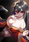  1girl ahoge azur_lane bangs bare_shoulders black_hair blush breasts cleavage collarbone commentary_request crazy_eyes crossed_bangs eyebrows_visible_through_hair finger_to_mouth grin hair_between_eyes hair_ribbon hakama hakama_short_skirt hakama_skirt hand_up highres japanese_clothes kimono kohanayuki large_breasts long_hair looking_at_viewer mask mask_on_head red_eyes red_kimono ribbon signature skirt smile solo taihou_(azur_lane) thighhighs twintails very_long_hair wide_sleeves 