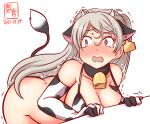  1girl alternate_costume animal_ears animal_print artist_logo bell bikini blush breasts brown_eyes collarbone conte_di_cavour_(kancolle) cow_ears cow_girl cow_horns cow_print cow_tail cowbell dated elbow_gloves gloves horns kanon_(kurogane_knights) kantai_collection large_breasts long_hair neck_bell no_panties one-hour_drawing_challenge open_mouth print_bikini print_gloves silver_hair simple_background solo swimsuit tail trembling white_background 