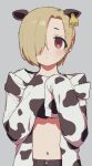  1girl animal_ears animal_print asymmetrical_bangs bangs blonde_hair blush chiyoko_(tykchiyo) cow_ears cow_print ear_piercing ear_tag grey_background hair_over_one_eye highres idolmaster idolmaster_cinderella_girls long_sleeves looking_at_viewer midriff navel one_eye_covered own_hands_together piercing red_eyes ribs shirasaka_koume short_hair simple_background sleeves_past_fingers sleeves_past_wrists solo spotted_jacket upper_body 