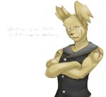 2015 anthro athletic athletic_anthro athletic_male biceps clothing crossed_arms dialogue digital_media_(artwork) english_text five_nights_at_freddy&#039;s five_nights_at_freddy&#039;s_3 fur grey_eyes lagomorph leporid looking_at_viewer male mammal muscular muscular_anthro muscular_male nukde rabbit scar scottgames simple_background solo springtrap_(fnaf) standing talking_to_viewer teeth text tongue topwear vest video_games white_background yellow_body yellow_fur 