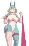  2021 absurd_res accessory anthro areola big_breasts blonde_hair blue_eyes breasts clothing covering digital_media_(artwork) female fishnet fishnet_armwear fishnet_legwear hair hair_accessory hairband hi_res ippan_josei leash legwear mf_uncen_(artist) multicolored_body my_hero_academia navel nude solo two_tone_body unknown_species 