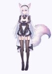  1girl absurdres ahoge animal_ears apron bell buckle commentary_request elbow_gloves fox_ears fox_girl fox_tail garter_straps gloves highres kirby_d_a long_hair looking_at_viewer maid maid_apron maid_headdress neck_bell original purple_eyes solo tail thighhighs very_long_hair white_hair 