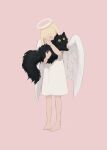  1girl absurdres angel angel_wings animal arm_up bangs barefoot black_cat blonde_hair cat closed_eyes covered_mouth dress facing_viewer feathered_wings fluffy from_side full_body halo hand_up highres holding holding_animal holding_cat kaname_(emanalc) muted_color original pink_background signature simple_background slit_pupils standing straight_hair u_u white_dress white_wings wings 