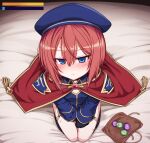  1girl bangs black_gloves blue_eyes blue_headwear breasts brooch cape condom eyebrows_visible_through_hair gloves hair_between_eyes hat health_bar highres jewelry null_(nyanpyoun) original pouch red_cape red_hair seiza short_hair sidelocks sitting small_breasts solo sweat 