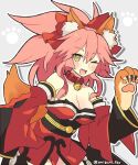  1girl animal_ear_fluff animal_ears animal_hands artist_name bangs bell bent_over blush bow breasts claw_pose cleavage collar commentary detached_sleeves dress fang fate/grand_order fate_(series) fox_ears fox_girl fox_tail hair_between_eyes hair_bow hair_ribbon japanese_clothes kimono large_breasts long_hair looking_at_viewer neck_bell obi one_eye_closed open_mouth paw_pose paw_print ponytail red_bow red_collar red_dress red_kimono red_ribbon ribbon sash sidelocks smile solo standing tail tamamo_(fate) tamamo_cat_(fate) white_background yellow_eyes yoriteruru 