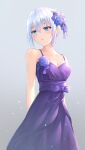  1girl arms_behind_back bangs blue_eyes blush bow breasts cleavage cocktail_dress collarbone date_a_live dress eyebrows_visible_through_hair flower grey_background hair_between_eyes hair_flower hair_ornament hair_ribbon highres medium_breasts parted_lips purple_bow purple_dress purple_flower purple_ribbon ribbon short_hair sidelocks silver_hair sleeveless sleeveless_dress solo spaghetti_strap standing tobiichi_origami tobiichi_origami_(pixiv31950946) 