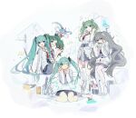  &gt;_&lt; 39 6+girls aqua_eyes aqua_hair arm_support asymmetrical_legwear banner blue_hair boots bow bucket character_print chibi closed_mouth clothes_around_waist commentary confetti dip-dyed_hair dot_mouth double_v fang furrowed_brow green_eyes green_hair grey_hair grey_skirt grin hair_bow hair_ornament hair_ribbon hand_on_hip hand_on_lap hands_up hatsune_miku heterochromia highres jacket jacket_around_waist knee_boots long_hair looking_at_viewer mincho miniskirt multicolored_hair multiple_girls multiple_persona necktie one_eye_closed open_mouth outstretched_arms paintbrush paperclip paperclip_hair_ornament pleated_skirt project_sekai red_bow red_eyes red_hair red_necktie ribbon sailor_collar sitting sketch skirt smile standing star_ornament symbol-only_commentary thighhighs twintails two-tone_hair v very_long_hair vocaloid wariza waving white_background white_jacket white_legwear 
