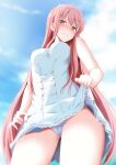  1girl blush breasts brown_eyes dress eyebrows_visible_through_hair fate/grand_order fate_(series) from_below ginhaha grin highres lifted_by_self long_hair medb_(fate) medium_breasts panties panty_peek parted_lips pink_hair simple_background sky smile solo standing tiara underwear white_dress white_panties 