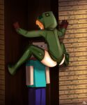  ... 1boy 1girl ass at2. black_panties cicada_block creeparka creeper cupa_(at2.) day gloves green_panties highres hood hoodie minecraft orange_hair panties personification photoshop_(medium) short_hair spread_legs steve_(minecraft) thighhighs underwear wood wooden_wall 