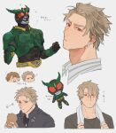  animal ashihara_ryo bandages bbbb_fex black_shirt blonde_hair cat chibi chibi_inset clenched_hands ear_piercing green_armor head highres holding holding_animal kamen_rider kamen_rider_agito_(series) kamen_rider_gills male_focus piercing red_eyes shirt smile spiked_hair stuffed_toy towel towel_around_neck tsugami_shouichi white_shirt 