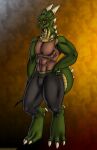  anthro bottomwear bulge clothed clothing digital_media_(artwork) digitigrade dragon green_body hand_on_hip hi_res horn if_hell_had_a_taste male multicolored_body muscular muscular_male pants red_eyes reptile scales scalie scar shirt skylar_fidchell solo topwear two_tone_body viroveteruscy yellow_body 