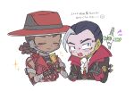  2boys apex_legends black_jacket blue_eyes blush chibi closed_eyes collared_shirt crypto_(apex_legends) dark-skinned_male dark_skin deadly_byte_crypto drone grey_hair hack_(apex_legends) jacket male_focus multicolored_hair multiple_boys nojima_minami official_alternate_costume out_for_blood_seer red_jacket seer_(apex_legends) shirt sleeveless sleeveless_sweater streaked_hair sweater translation_request white_background white_shirt 