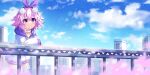  1girl binato_lulu blue_sky blush choker d-pad d-pad_hair_ornament dress hair_between_eyes hair_ornament looking_at_viewer neptune_(neptune_series) neptune_(series) pink_hair purple_eyes purple_hair short_hair sky smile solo striped striped_legwear thighhighs 