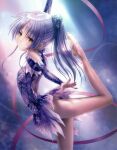  1girl absurdres angel_beats! arms_up back ballet blurry dancing depth_of_field goto_p highres long_hair looking_back ponytail reaching_out ribbon scan solo tenshi_(angel_beats!) upskirt white_hair 