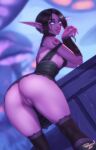  1girl anus arm_tattoo artist_name ass avatar_(wow) bent_over black_hair blurry blurry_background colored_skin earrings elf facial_tattoo grey_eyes jewelry laurie_(personalami) lips looking_at_viewer night_elf_(warcraft) nipples nose over-kneehighs parted_lips personal_ami pointy_ears purple_skin pussy slit_pupils smile solo standing tattoo teeth thighhighs warcraft watermark world_of_warcraft 