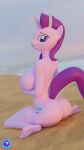  3d_(artwork) absurd_res anthro beach big_breasts blender_(software) breasts butt digital_media_(artwork) equid equine female friendship_is_magic hands_under_breasts hi_res horn looking_at_viewer looking_back mammal my_little_pony nude out_of_focus pootanger_sfm raised_tail seaside smile solo source_filmmaker starlight_glimmer_(mlp) unicorn 