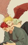  2boys beard blonde_hair blue_eyes boku_no_hero_academia book burn_scar close-up endeavor_(boku_no_hero_academia) facial_hair feathered_wings goatee hawks_(boku_no_hero_academia) highres holding holding_book holding_person knee_up leaning_forward leaning_on_person male_focus multiple_boys osutoraria_(1ndi_g0) pants reading red_feathers red_hair scar scar_across_eye scar_on_face simple_background size_difference sweatpants sweatshirt wings yellow_eyes 