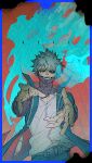  background_text black_hair blue_border blue_eyes blue_fire boku_no_hero_academia border burn_scar burnt commentary cosplay costume dabi_(boku_no_hero_academia) ear_piercing endeavor_(boku_no_hero_academia) endeavor_(boku_no_hero_academia)_(cosplay) father_and_son faux_traditional_media fire grin highres male_focus open_hands outstretched_arms perspective piercing projected_inset red_background scar smile spoilers stapled sunburst u2suke 