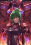  1girl bangs blue_eyes breasts eyebrows_visible_through_hair fire fortified_suit frown glowing glowing_eye green_eyes green_hair hair_bun head_tilt highres ito_t20a mecha medium_breasts muvluv muvluv_alternative muvluv_alternative_(anime) pilot_suit science_fiction sidelocks skin_tight tactical_surface_fighter takemikazuchi_(muvluv) tsukuyomi_mana v-shaped_eyebrows 
