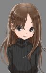  1girl absurdres bangs black_eyes black_sweater brown_hair flat_chest grey_background highres jaggy_line long_hair long_sleeves original parted_bangs ribbed_sweater simple_background solo sweater turtleneck turtleneck_sweater upper_body yamamoto_souichirou 