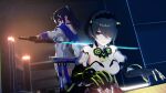  2girls bad_id bangs bare_shoulders black_gloves brown_hair elbow_gloves gloves glowing glowing_sword glowing_weapon grin hair_ornament hair_over_one_eye highres holding holding_sword holding_weapon honkai_(series) honkai_impact_3rd jacket katana long_hair long_sleeves looking_at_another looking_at_viewer mole mole_under_eye multiple_girls official_art ponytail purple_eyes purple_hair raiden_mei raiden_mei_(striker_fulminata) rita_rossweisse rita_rossweisse_(phantom_iron) short_hair sleeveless smile sword teeth weapon white_jacket 