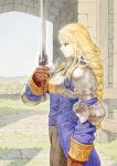 1girl absurdres agrias_oaks armor blonde_hair braid brown_gloves brown_pants crosshatching final_fantasy final_fantasy_tactics gloves hatching_(texture) highres holding holding_sword holding_weapon knight pants shinichi_kobe solo sword weapon yellow_eyes 