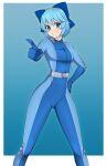  &gt;:) 1girl absurdres blue_bodysuit blue_bow blue_hair bodysuit bow cirno cosplay grin hair_bow hand_on_hip highres index_finger_raised latex lindaroze photoshop_(medium) skin_tight smile solo teeth totally_spies touhou v v-shaped_eyebrows 