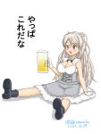  1girl alcohol armpit_cutout beer beer_mug black_footwear boots breasts brown_eyes cleavage cleavage_cutout clothing_cutout commentary_request conte_di_cavour_(kancolle) corset cup dress frilled_dress frills geru gloves kantai_collection large_breasts long_hair mug remodel_(kantai_collection) silver_hair sitting solo translated two-tone_dress two_side_up white_dress white_gloves 