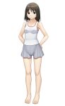  1girl bangs barefoot black_eyes black_hair breasts closed_mouth commentary full_body grey_shorts hands_on_hips highres looking_at_viewer loungewear maburu_(lojyq1eur3e8bit) original short_hair shorts simple_background small_breasts smile solo standing tank_top white_background 