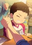  arm_wrestling black_hair cheering child clenched_teeth closed_eyes commentary_request desk indoors male_focus multiple_boys noeyebrow_(mauve) original paper pencil school_desk short_hair short_sleeves solo_focus sweatdrop teeth 