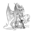  anthro baron_engel big_breasts breasts butt clothing cuff_(restraint) dragon duo equid equine eye_contact female friendship_is_magic furniture genitals graphite_(artwork) handcuffs hasbro horn legwear looking_at_another male male/female mammal metal_cuffs my_little_pony nude on_lap pencil_(artwork) pussy restraints simple_background sitting_on_lap stool sweetie_belle_(mlp) thigh_highs traditional_media_(artwork) unicorn white_background 